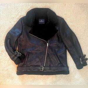 American Eagle Faux Suede Shearling Lined Distressed Moto Jacket,  Bl,  Sz XL